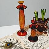 Lot of 2 amber glass candlesticks blown bubbled