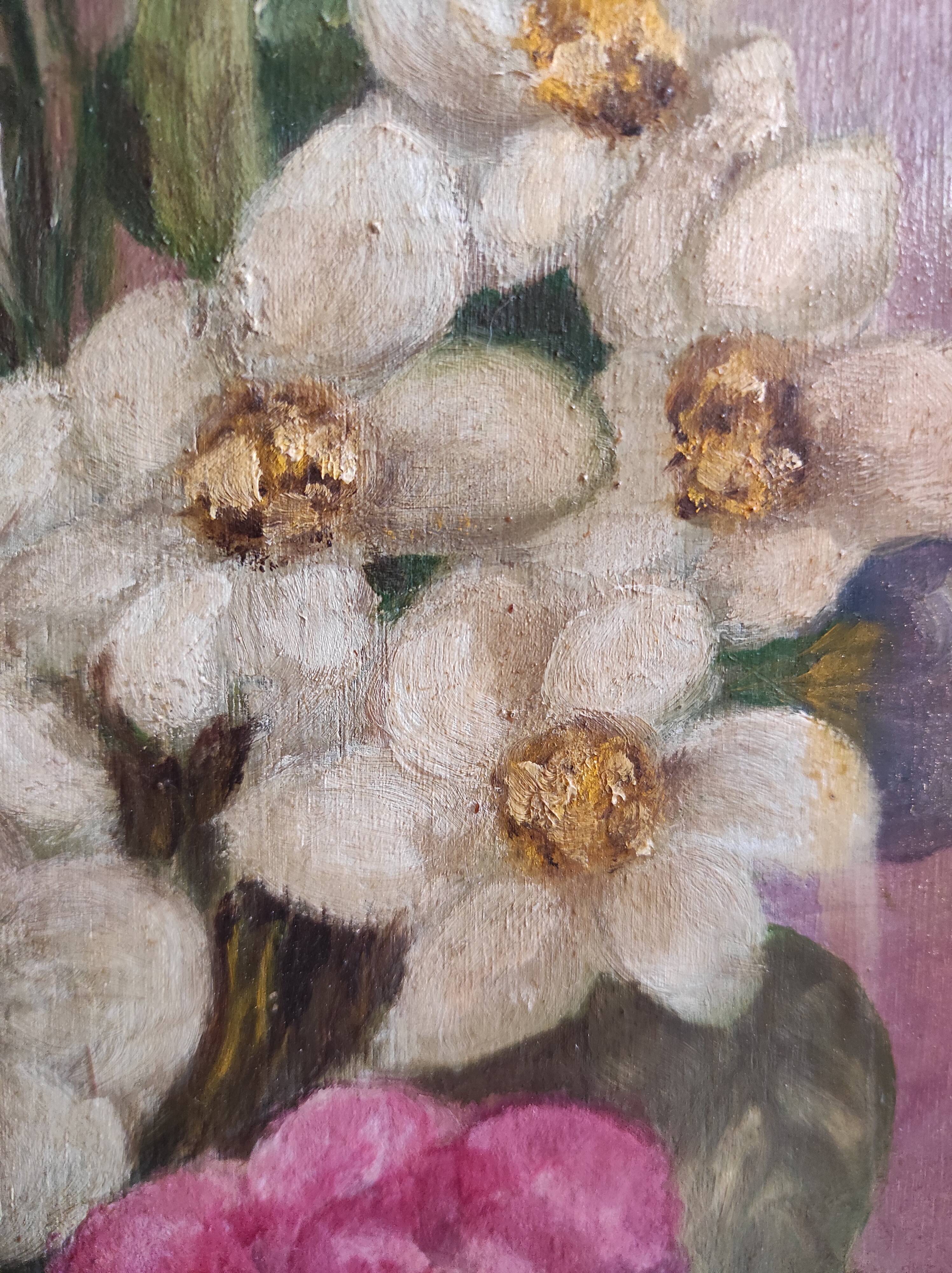 Vintage French oil painting of flowers, signed René