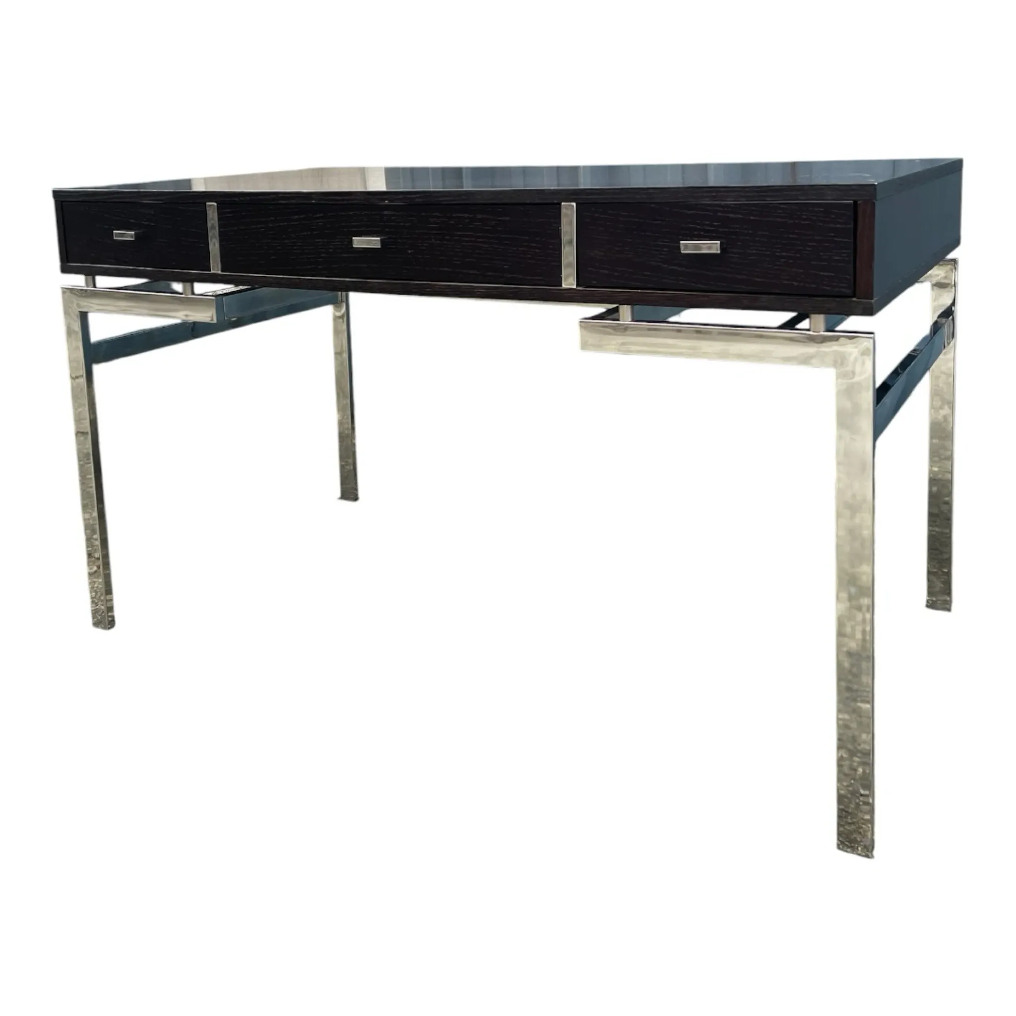 Bureau plat laqué noir texturé et chrome style 1970
