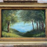 Tableau HSP XIX° Marine "Bord de mer arboré" signé Lucy + cadre