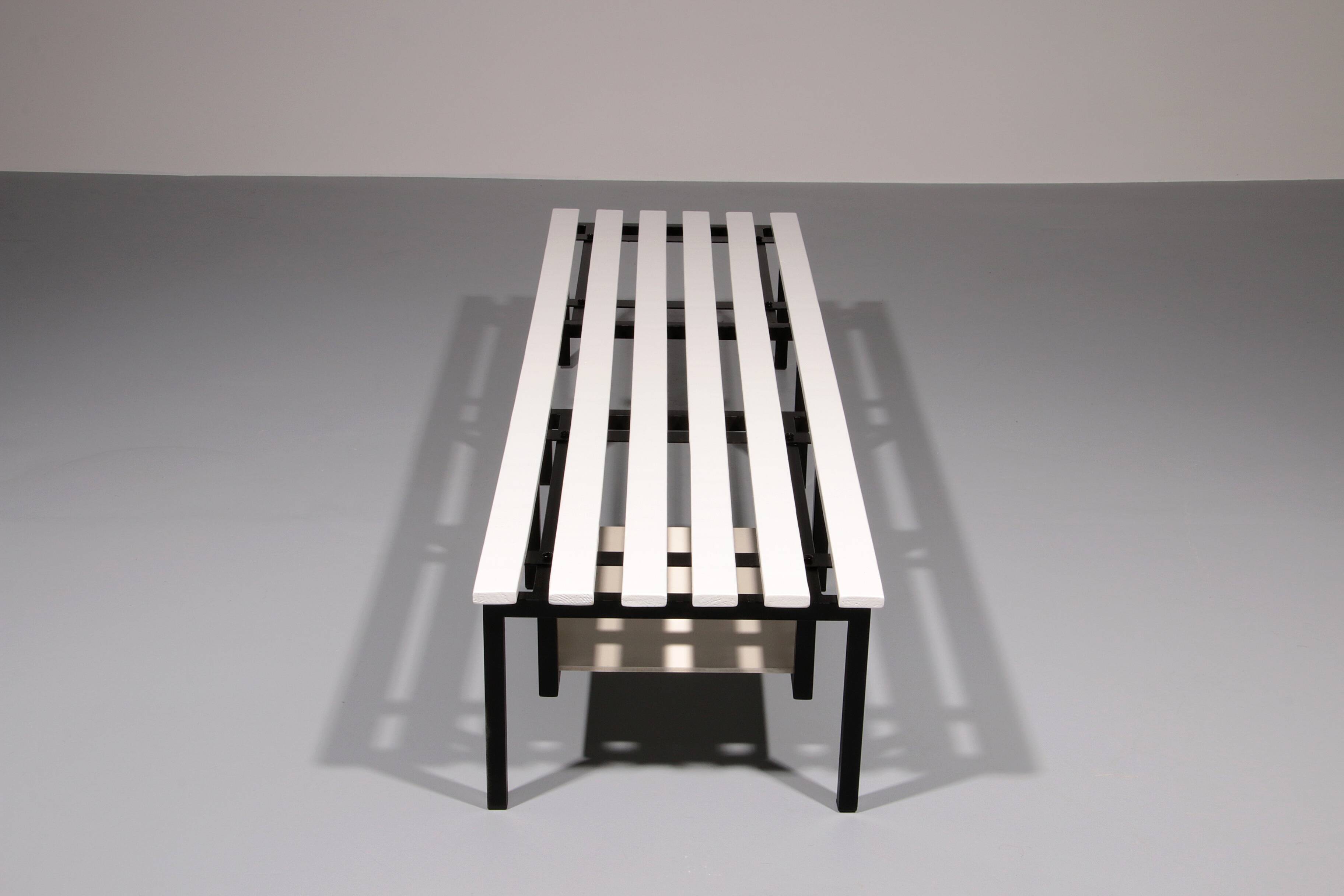 Vintage White Wooden Bench with Black Metal Frame