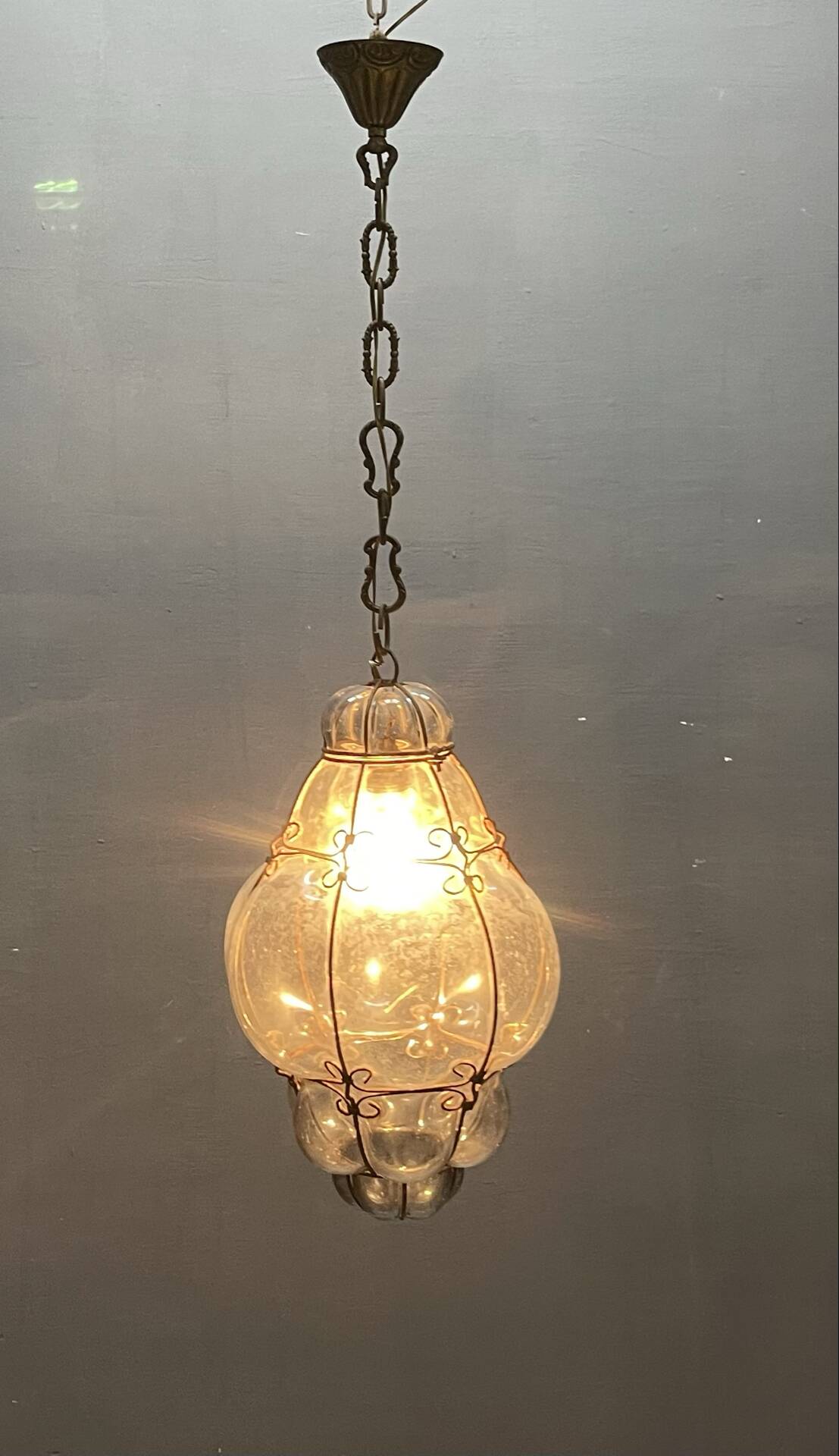 Wrought Iron Tinted Blue Murano Glass Light Pendant 1960’s