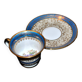 Tasse ancienne en porcelaine de Limoges FAYE & Fils - décor frise bleu et or peint