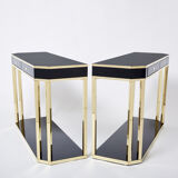 Pair of black lacquered consoles and brass 1970
