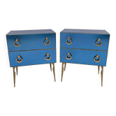 Paire de commodes bleues miroir avec détails en laiton, style milieu de siècle