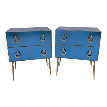 Pair of Blue Mirrored Chests of Drawers with Brass Details,MidCentury Style