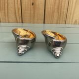 salerons vintage faïence décor coquillage + cuillères dorées en coffret