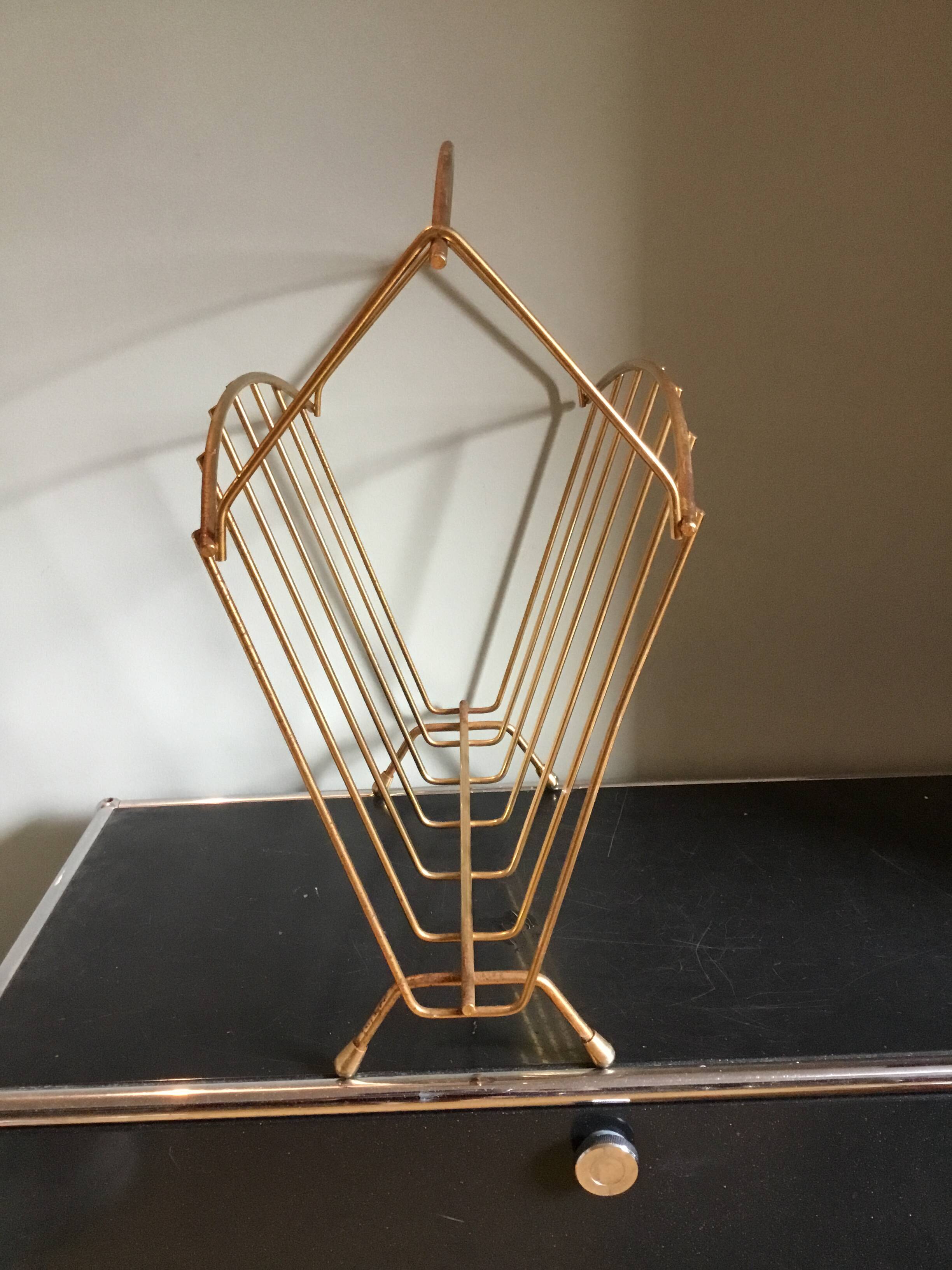 brass magazine rack, 1970s, gold-plated