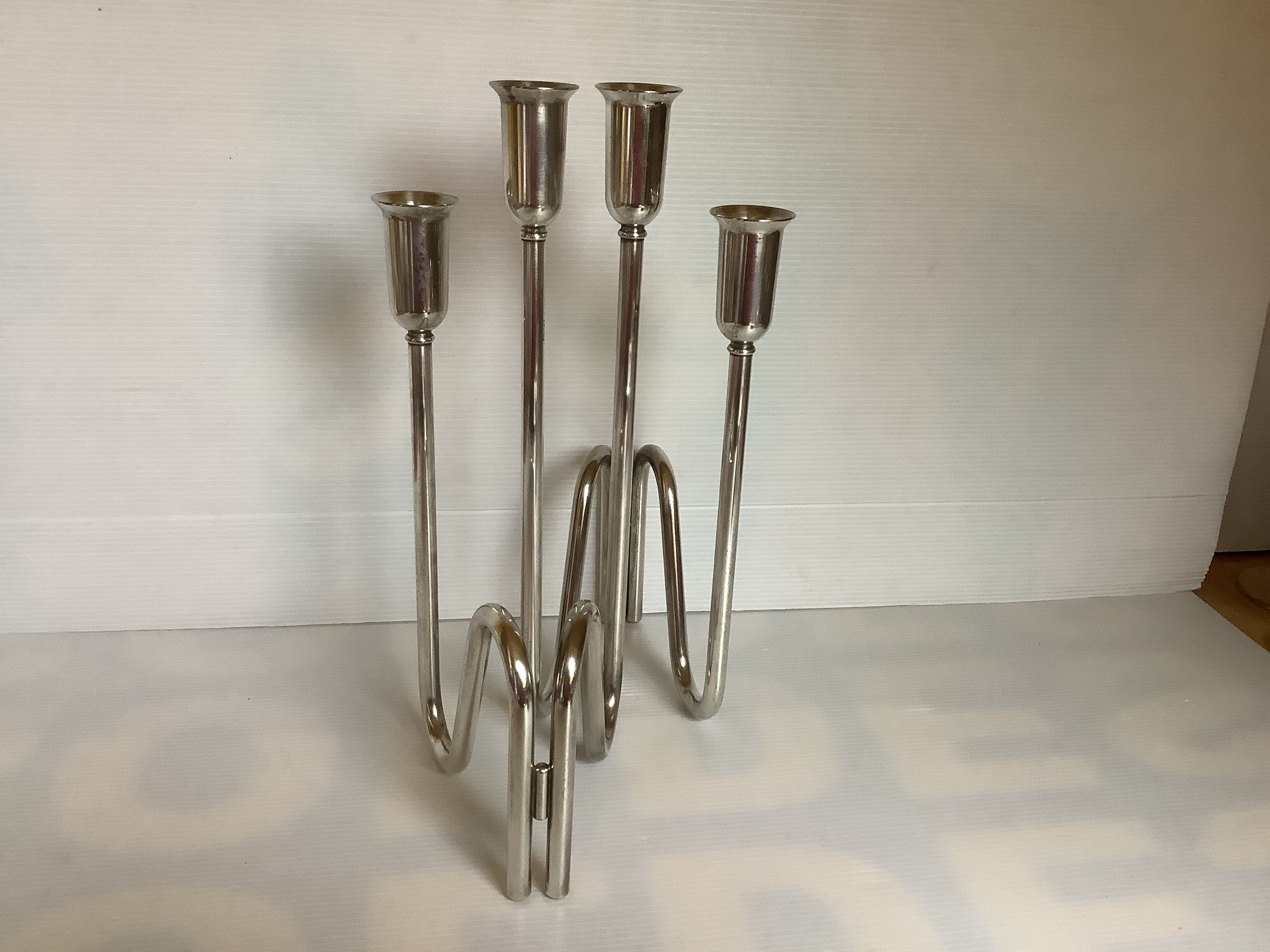 Pair of modernist candle holders silver metal PM Italy