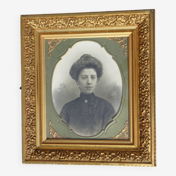 ancien portrait photo dans cadre doré (54x62 cm), 1910