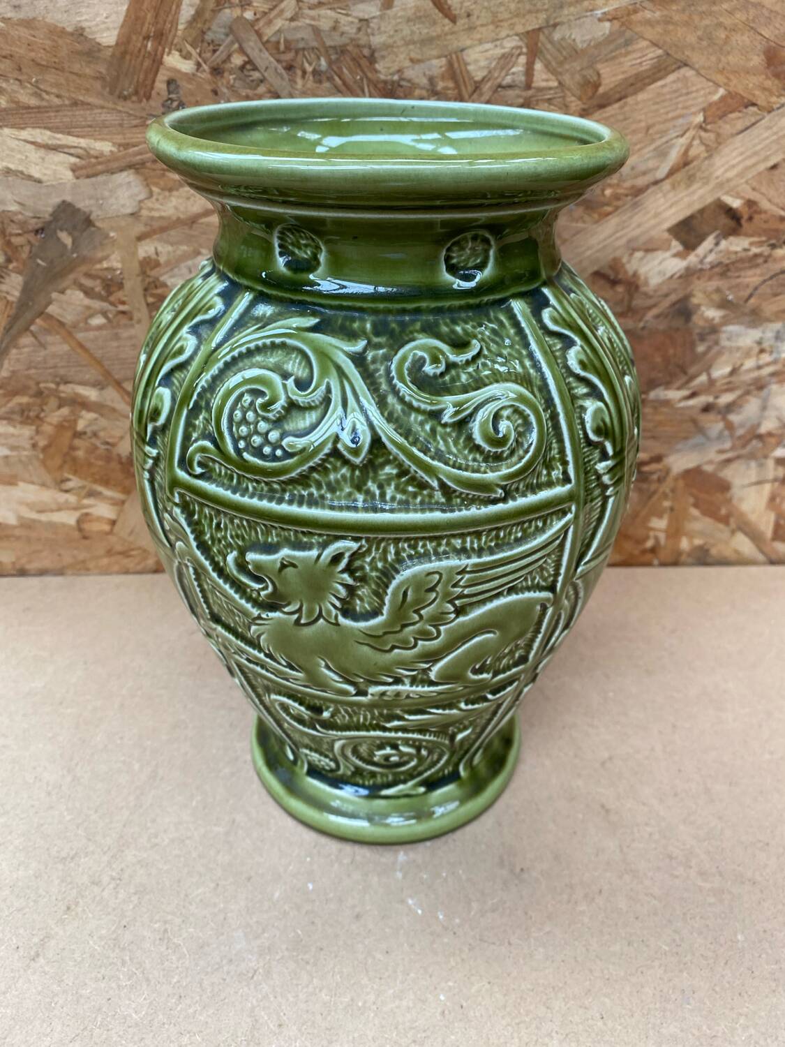 Antique ironstone vase green ceramic relief decor made in england vintage