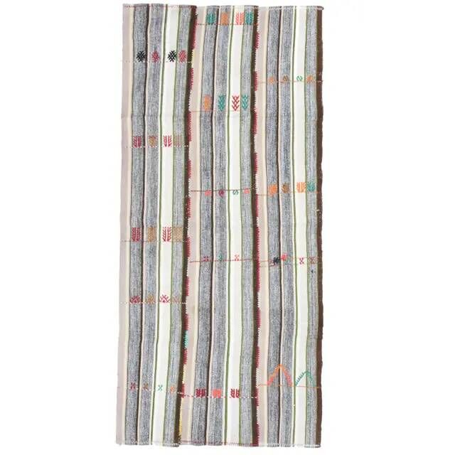 1970s Vintage Turkish Hand-Knotted Gray White Kilim Runner Rug 118x267