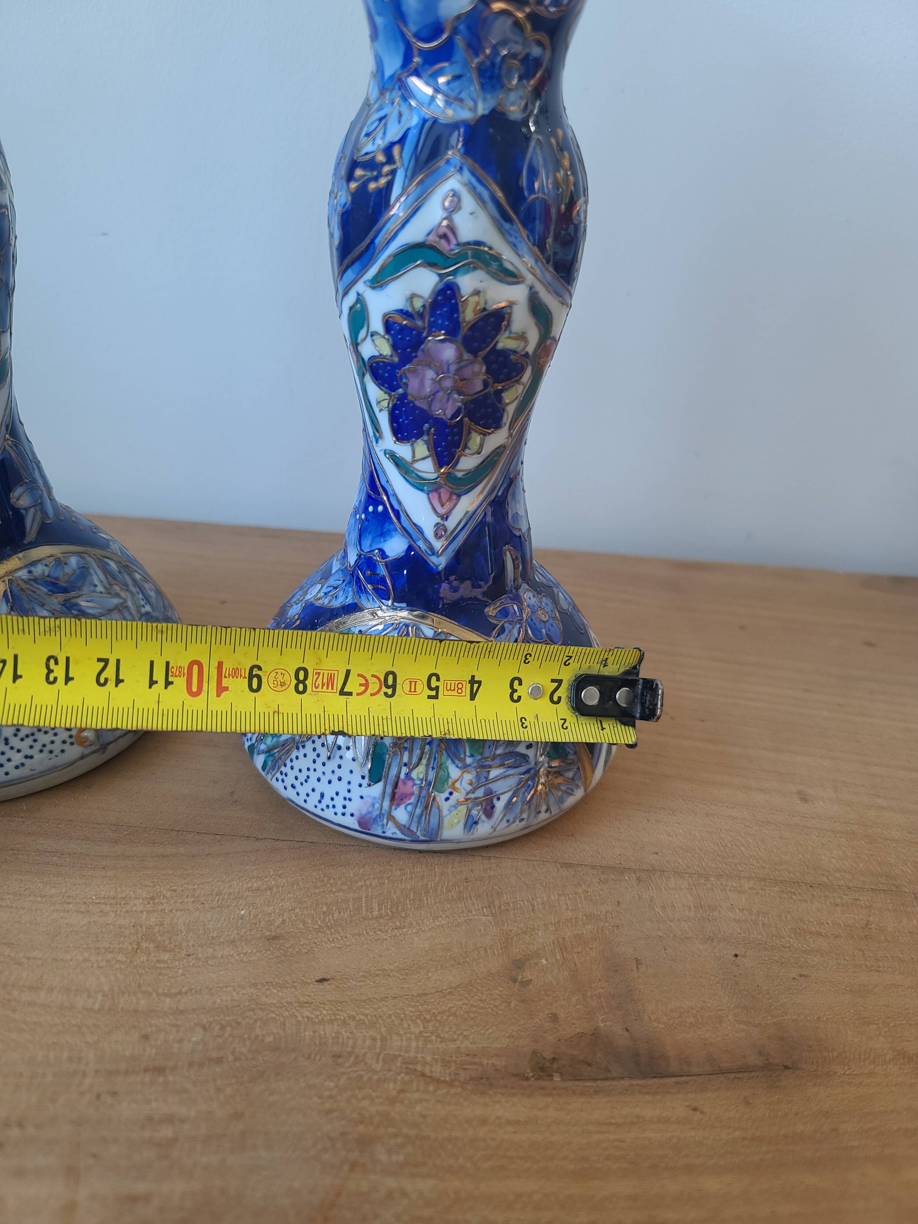 Vintage-style blue and gold floral ceramic candlesticks CHMR