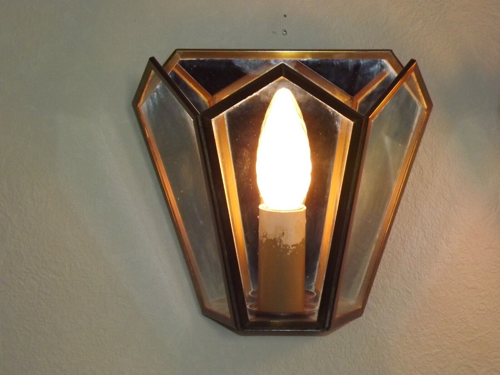 Matching pair french mid century copper & glass single light wall lanterns 3915