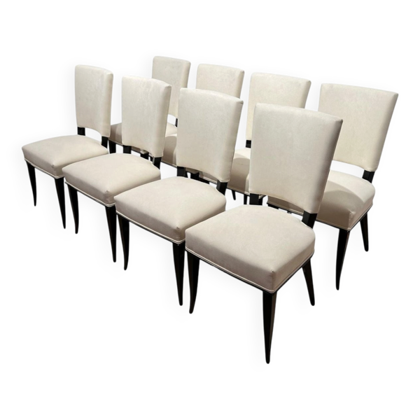 Chaises Art Déco en laque noire en velours crème, France, années 1930, ensemble de 8