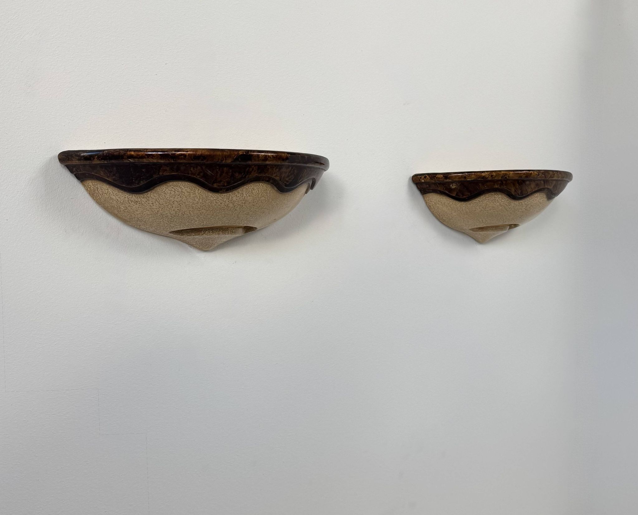 Pair of vintage wall sconces, beige and brown porcelain, France, 1960.