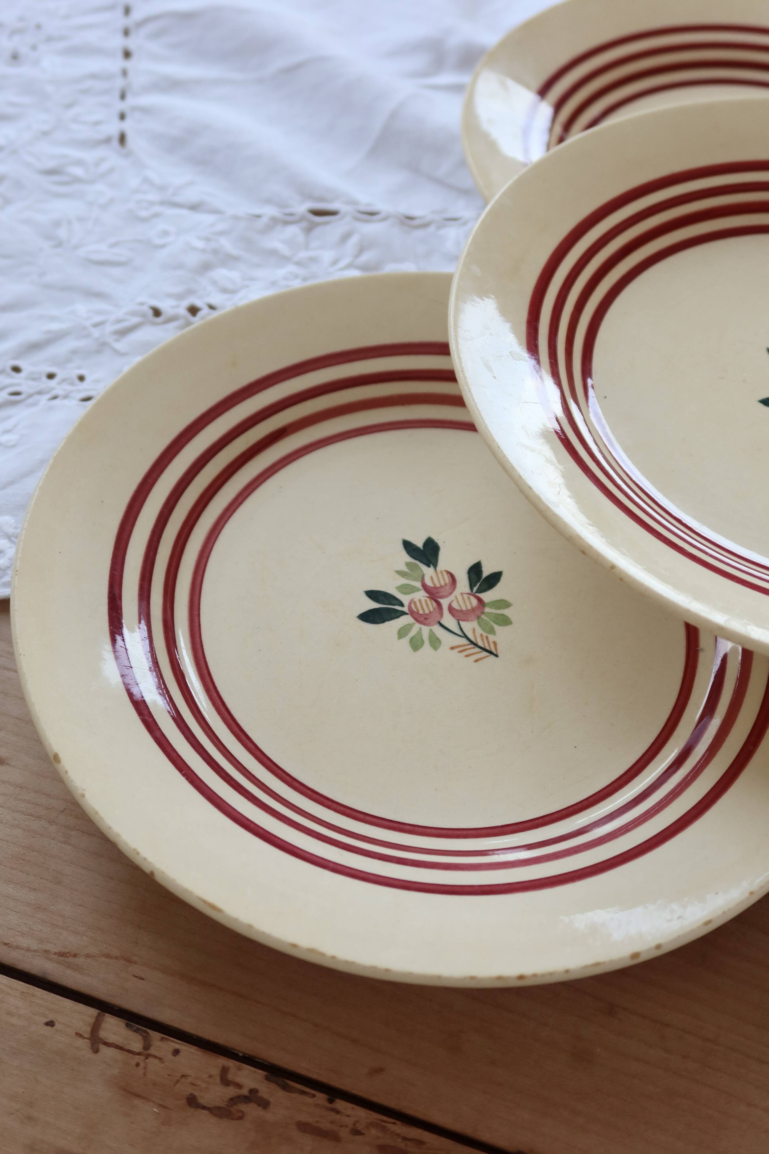 4 vintage Gien ironstone deep plates – Red floral pattern