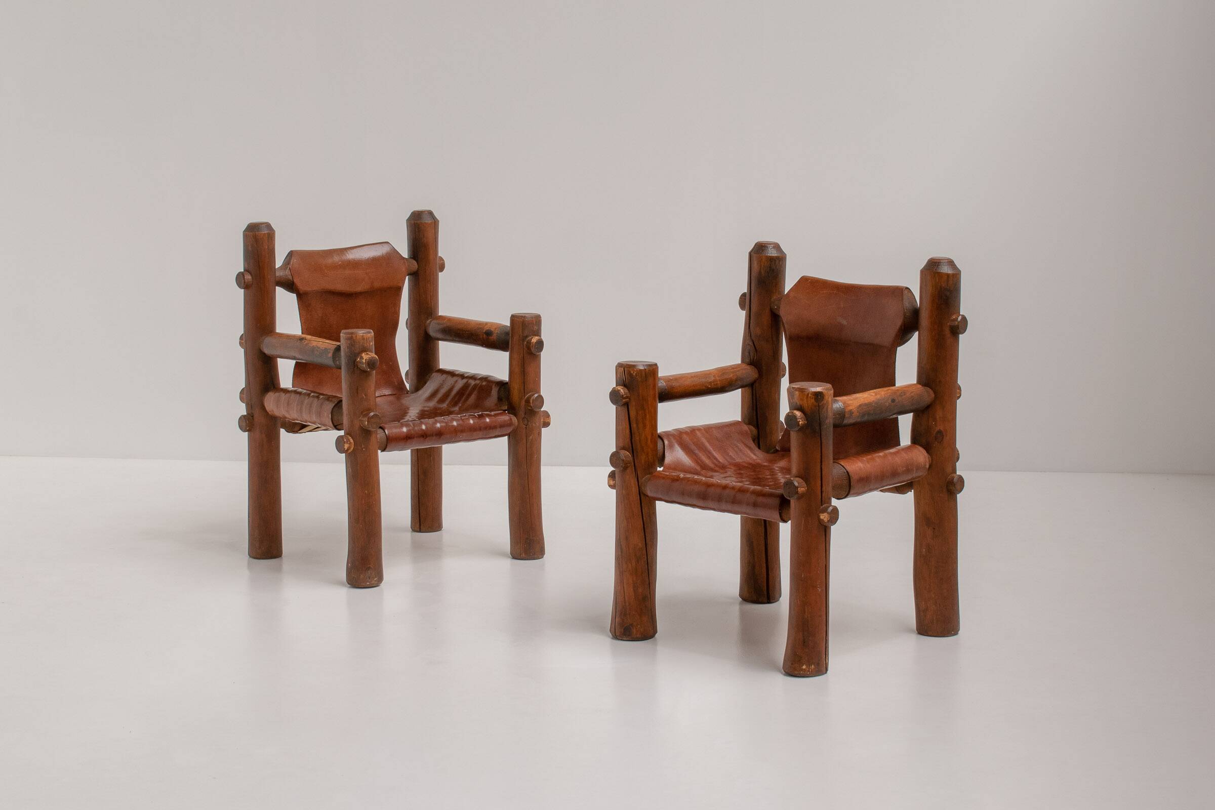 Brutalist Armchairs in Saddle Leather, Hungary, 1970s