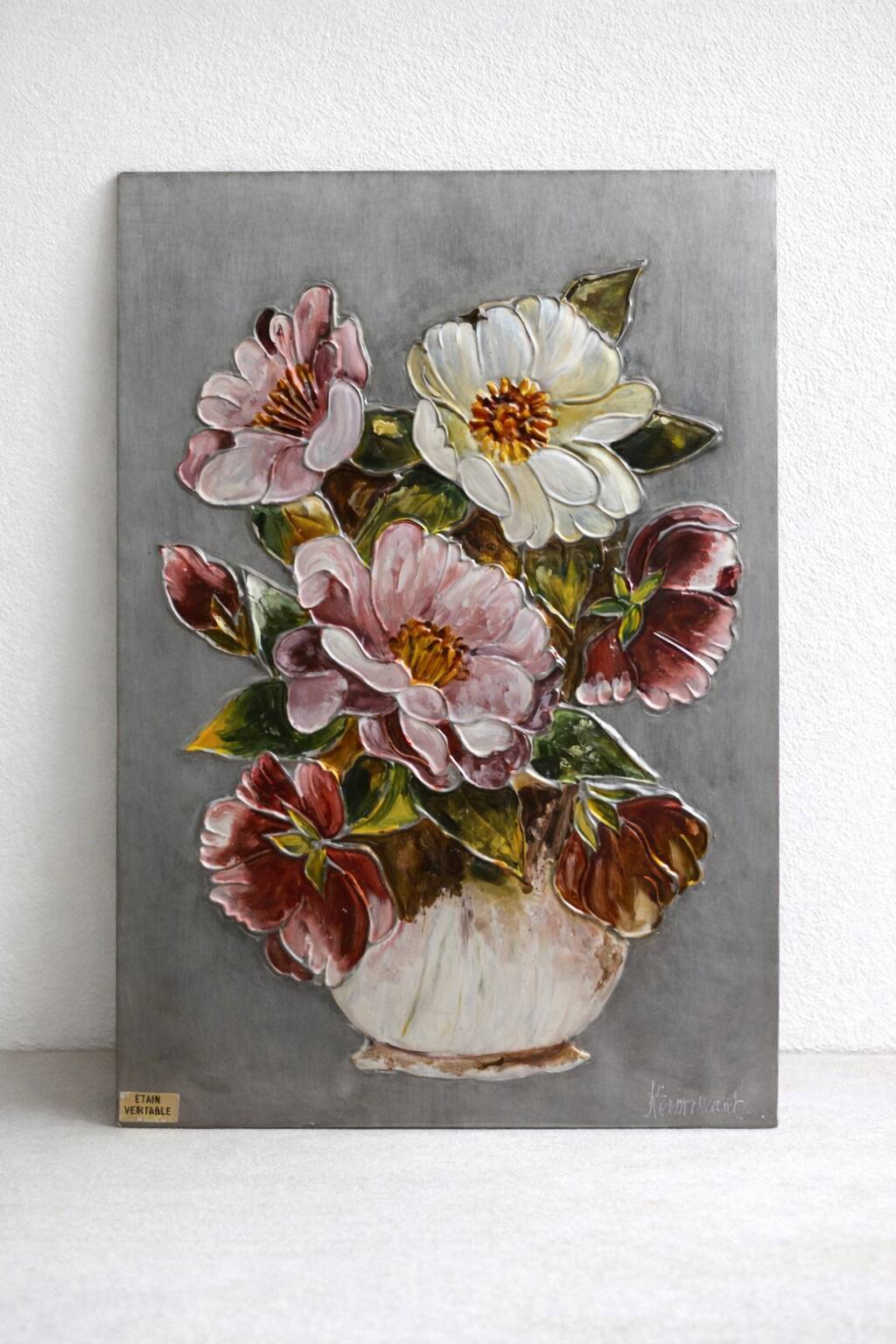 Floral relief panel in genuine tin