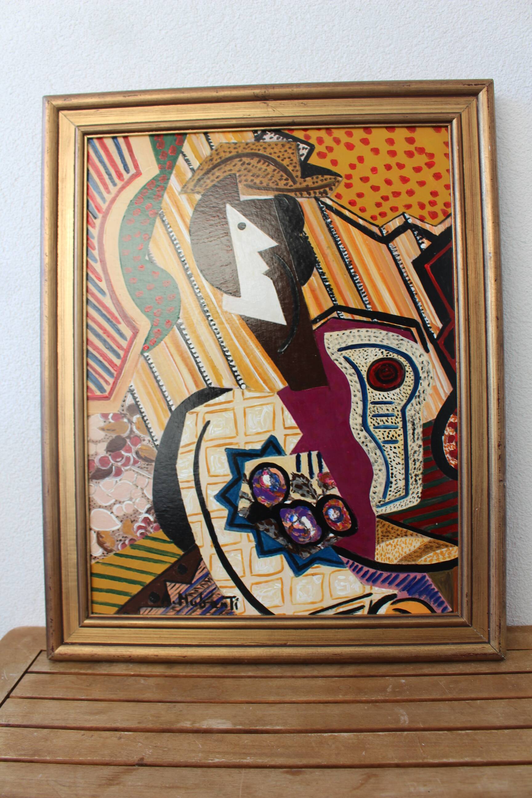1960s Vintage Cubist Painting of Abstract Figures Composition Modernist, Framed