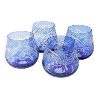 Set of 4 vintage cobalt blue cut glass Römer-style glasses.