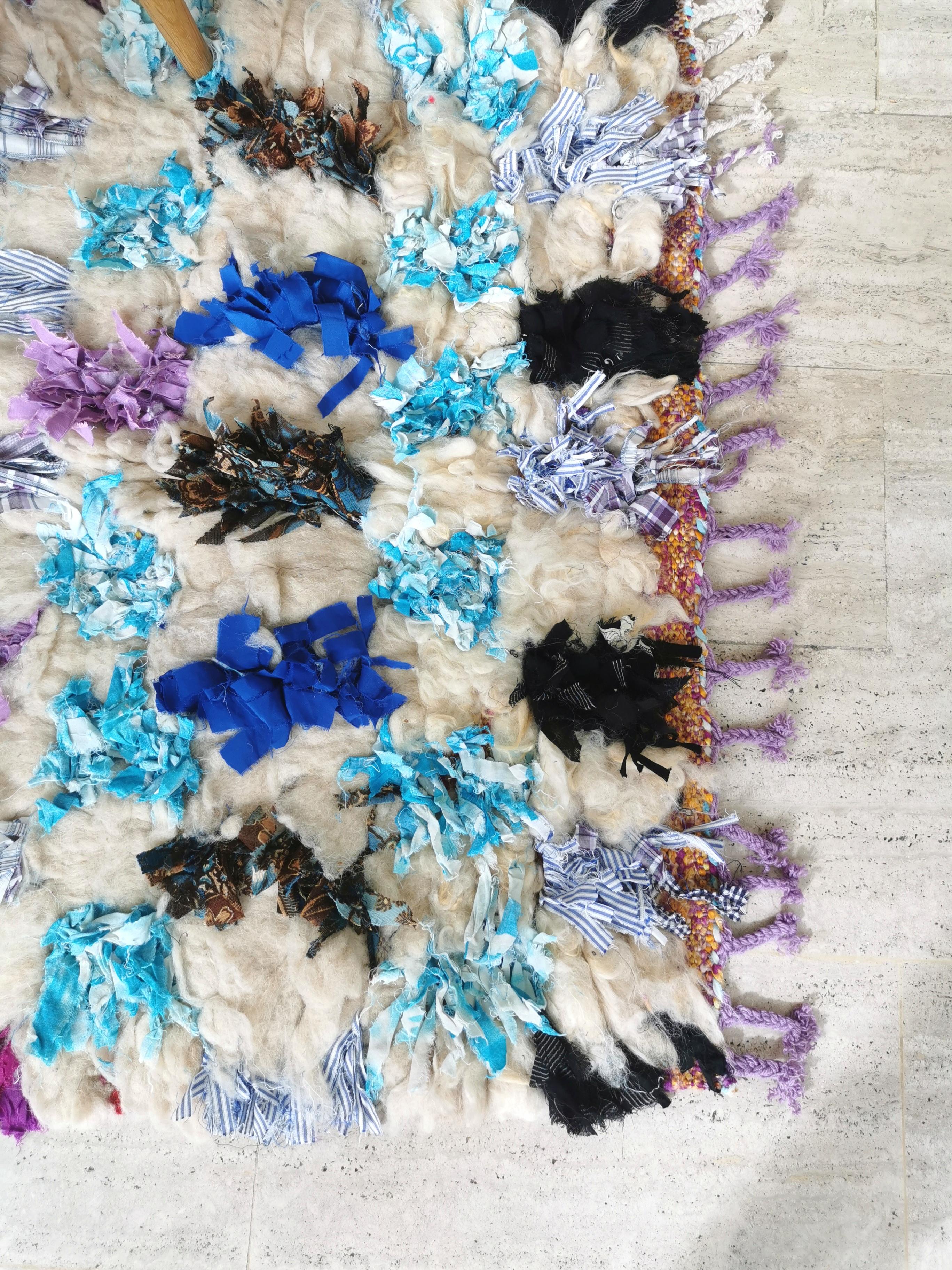 Small reversible colorful Boucherouite Moroccan rug