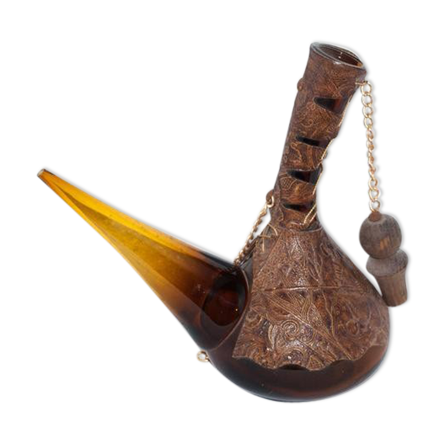 Carafe à vin vintage à long bec , entouré de cuir vintage 50/60