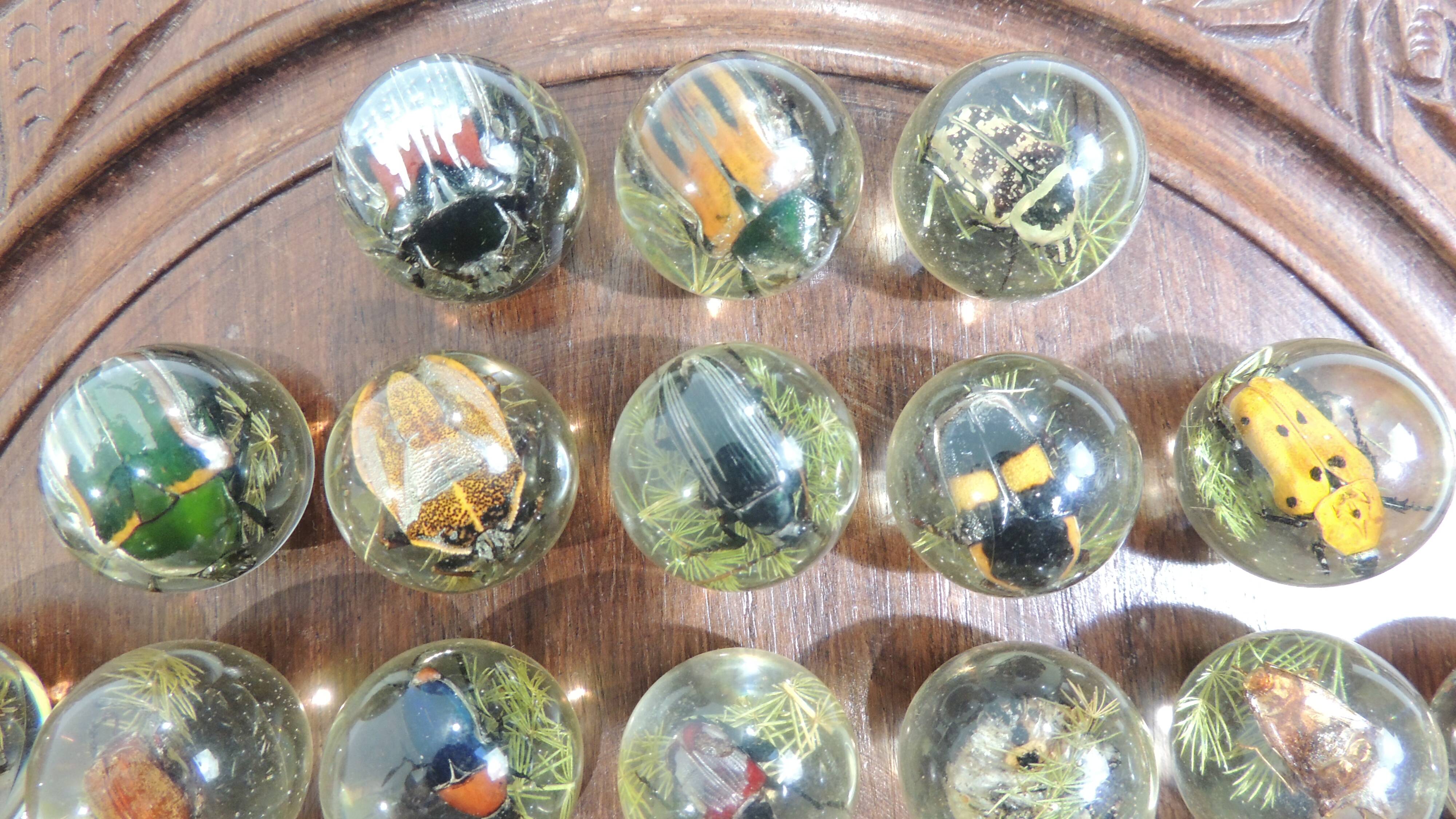 Vintage wooden carved solitaire game – Resin balls with insects –
