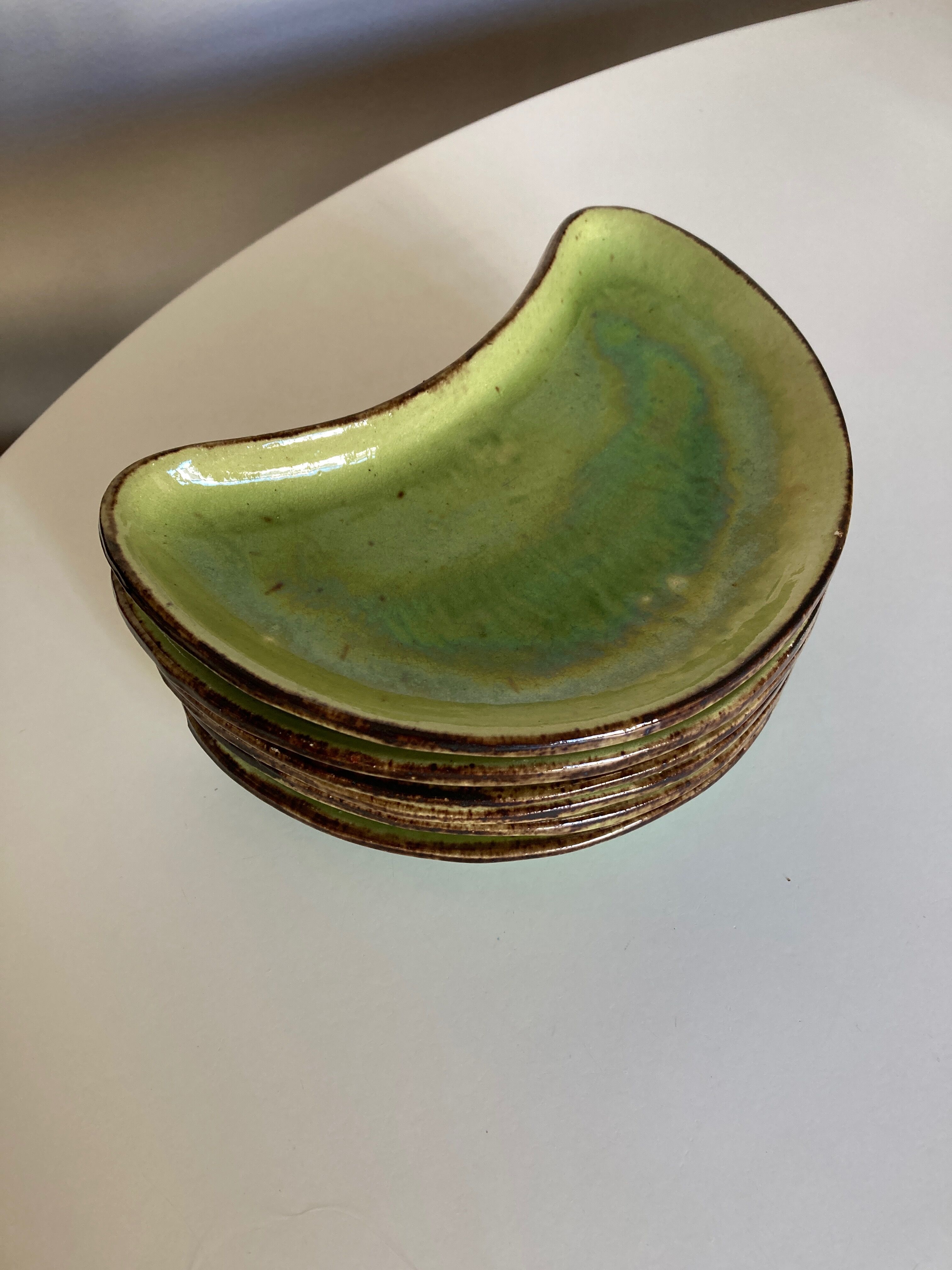 Set of 6 plates of green glazed earth Etienne Noël in Dieulefit 1950