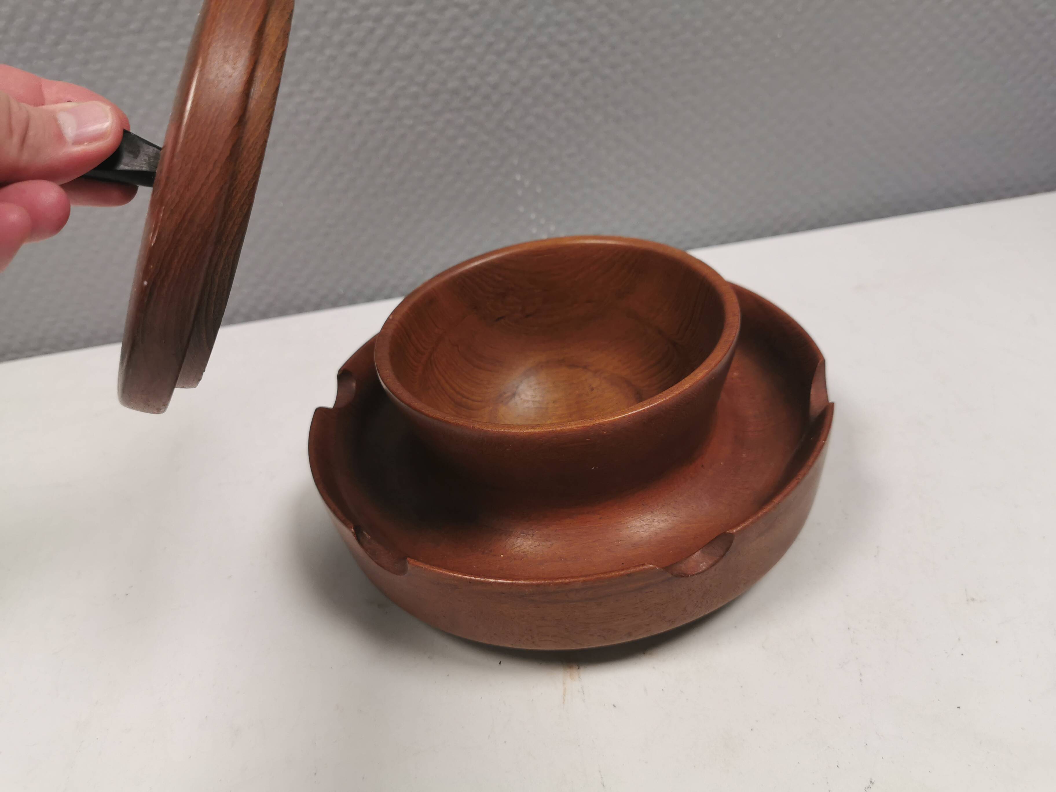 Wooden pipe holder with space to store tobacco in the middle Denmark 1960s