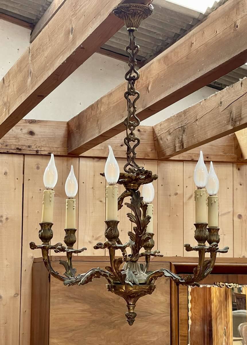 Louis XV style 6-light bronze chandelier from the 1950s