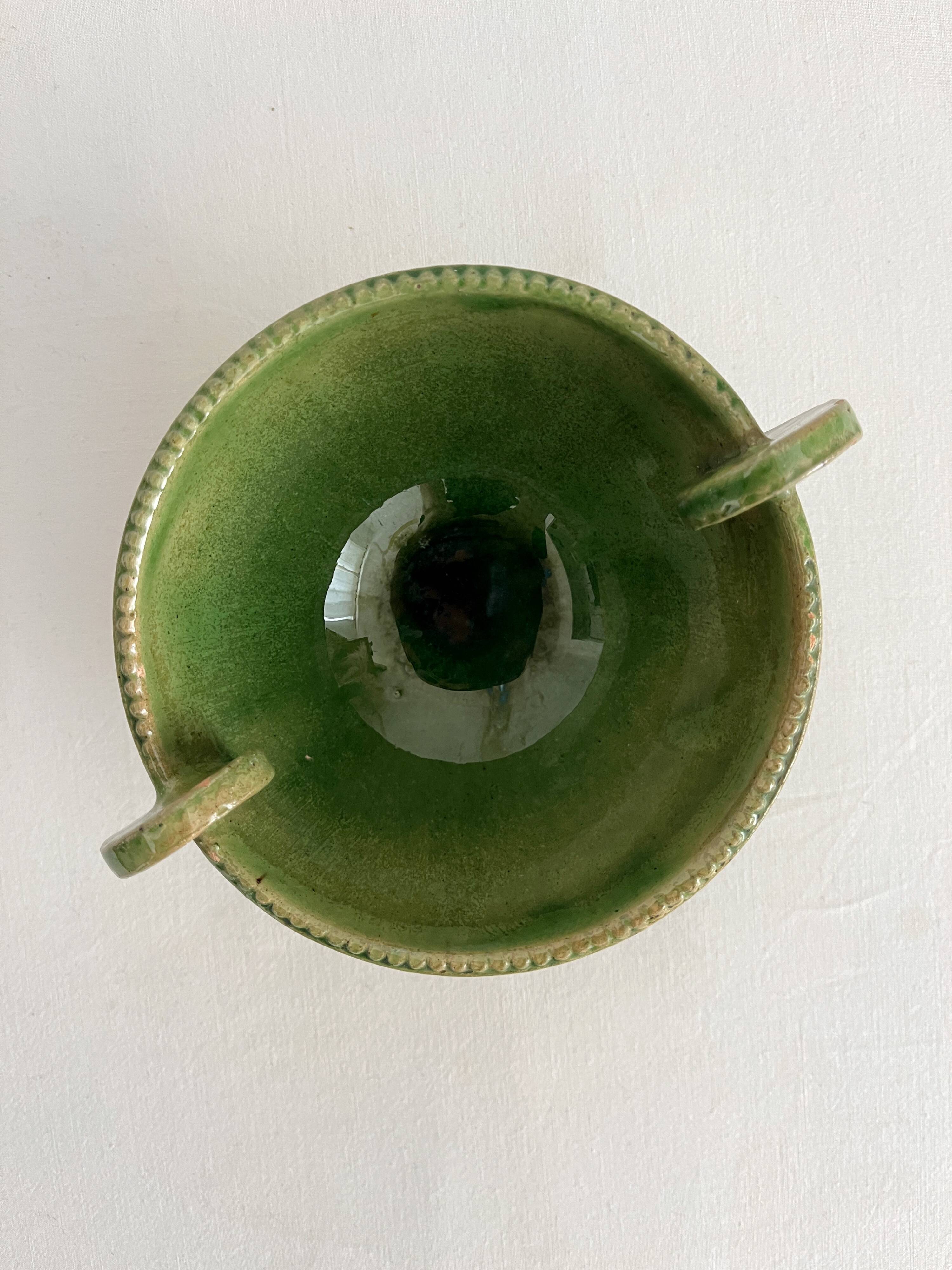 Antique green glazed ceramic bowl with handles, Tamegroute type