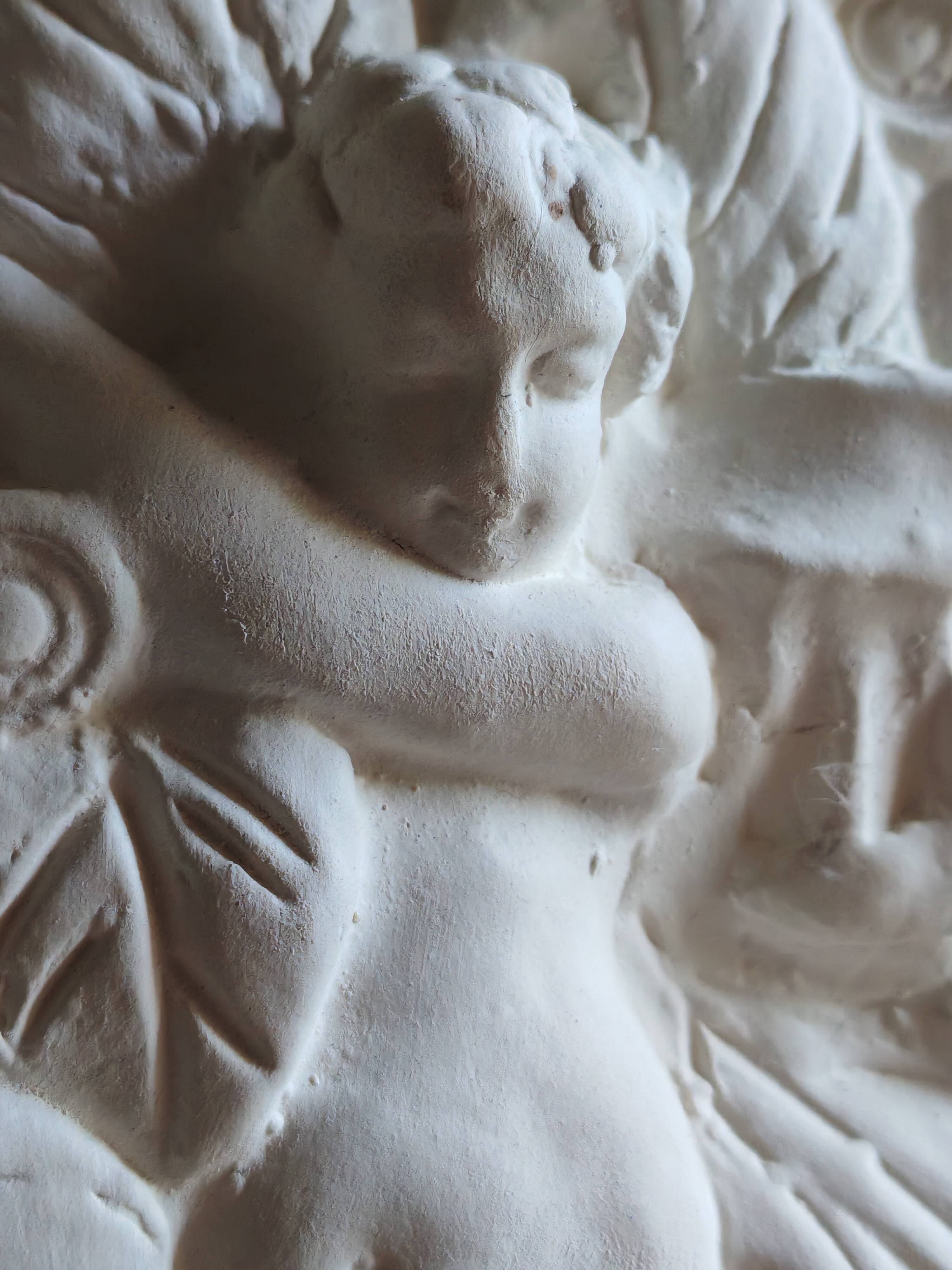 Angel Vase in White Plaster, Vintage Planter with Cherub and Flower Motif