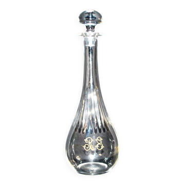 Carafe ancienne en cristal taillé et gravure dorée monogramme RG H33.5cm