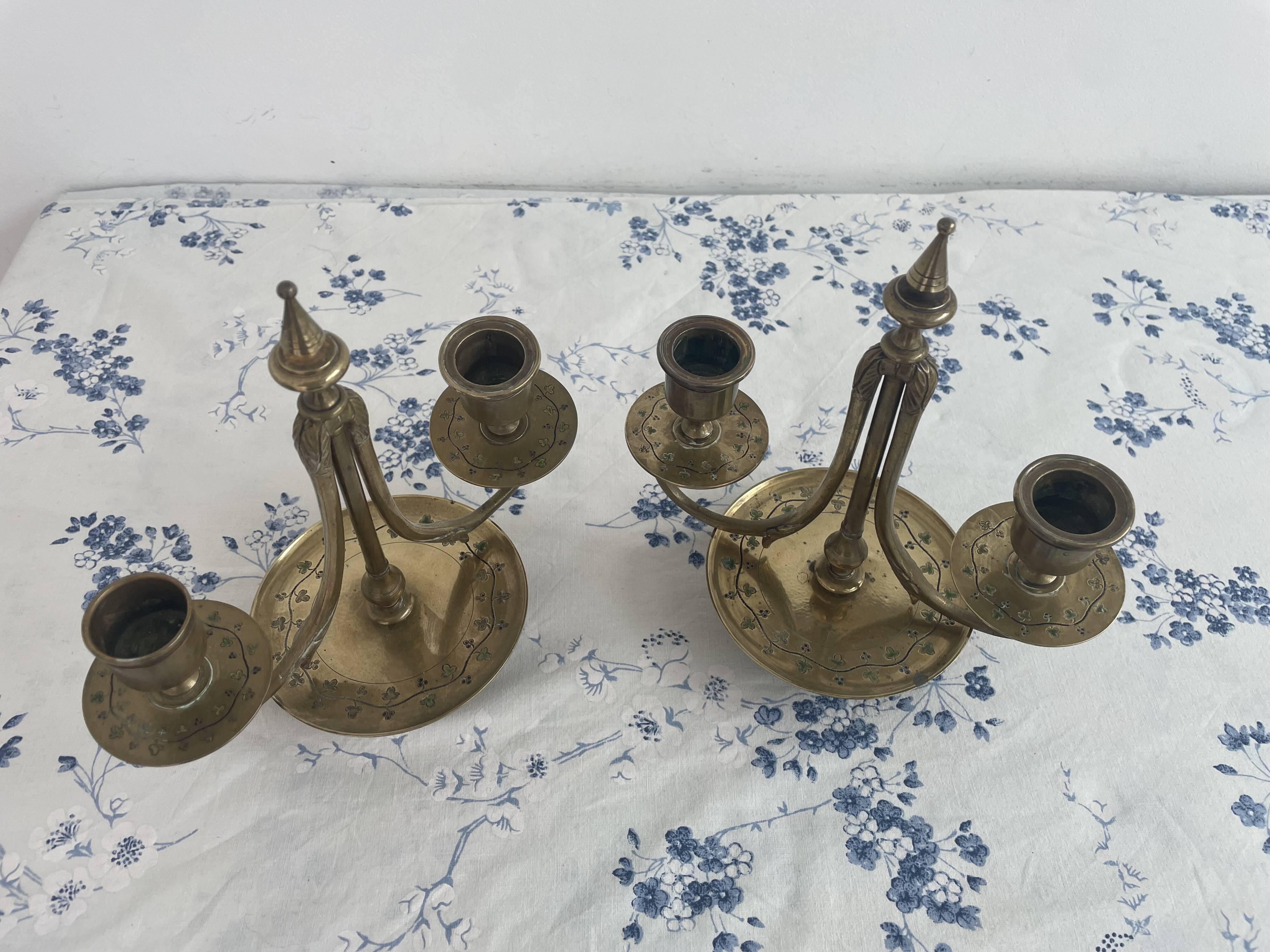 Pair of candlesticks, gilded and enamelled brass, Art Nouveau, early 20th century