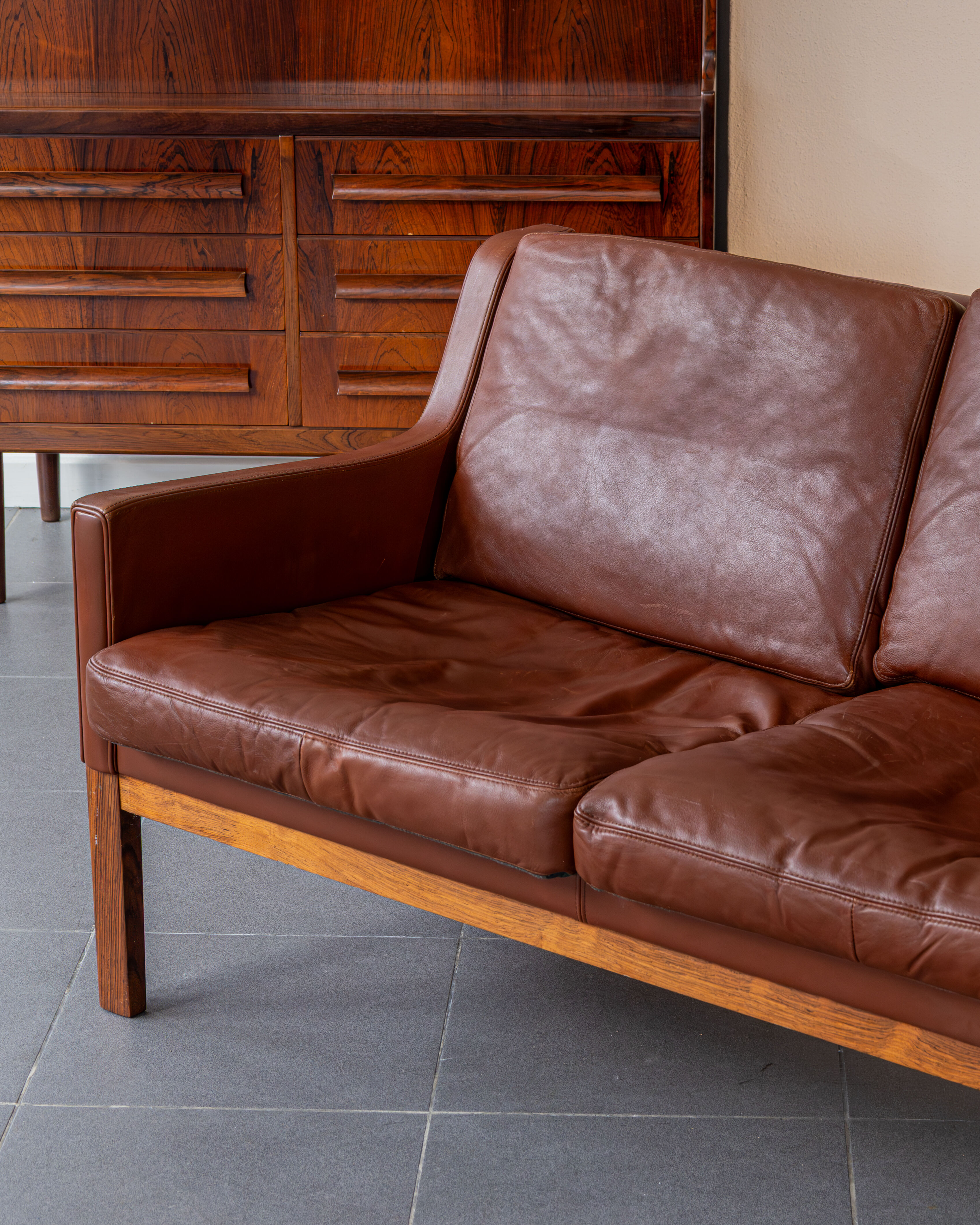 Kai Lyngfeldt Larsen rosewood and leather 3 seater sofa