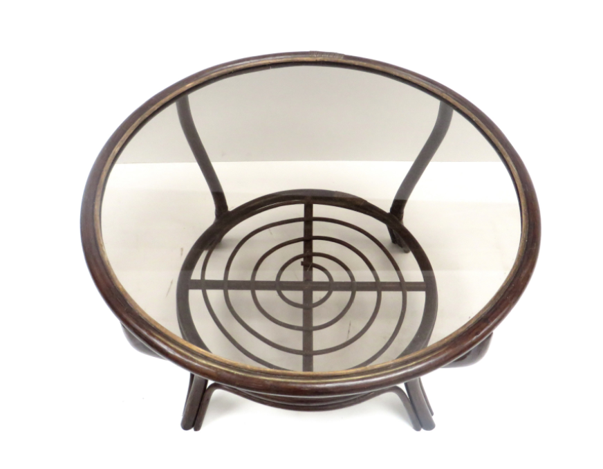 Coffee table bamboo and rattan with 60s glass top