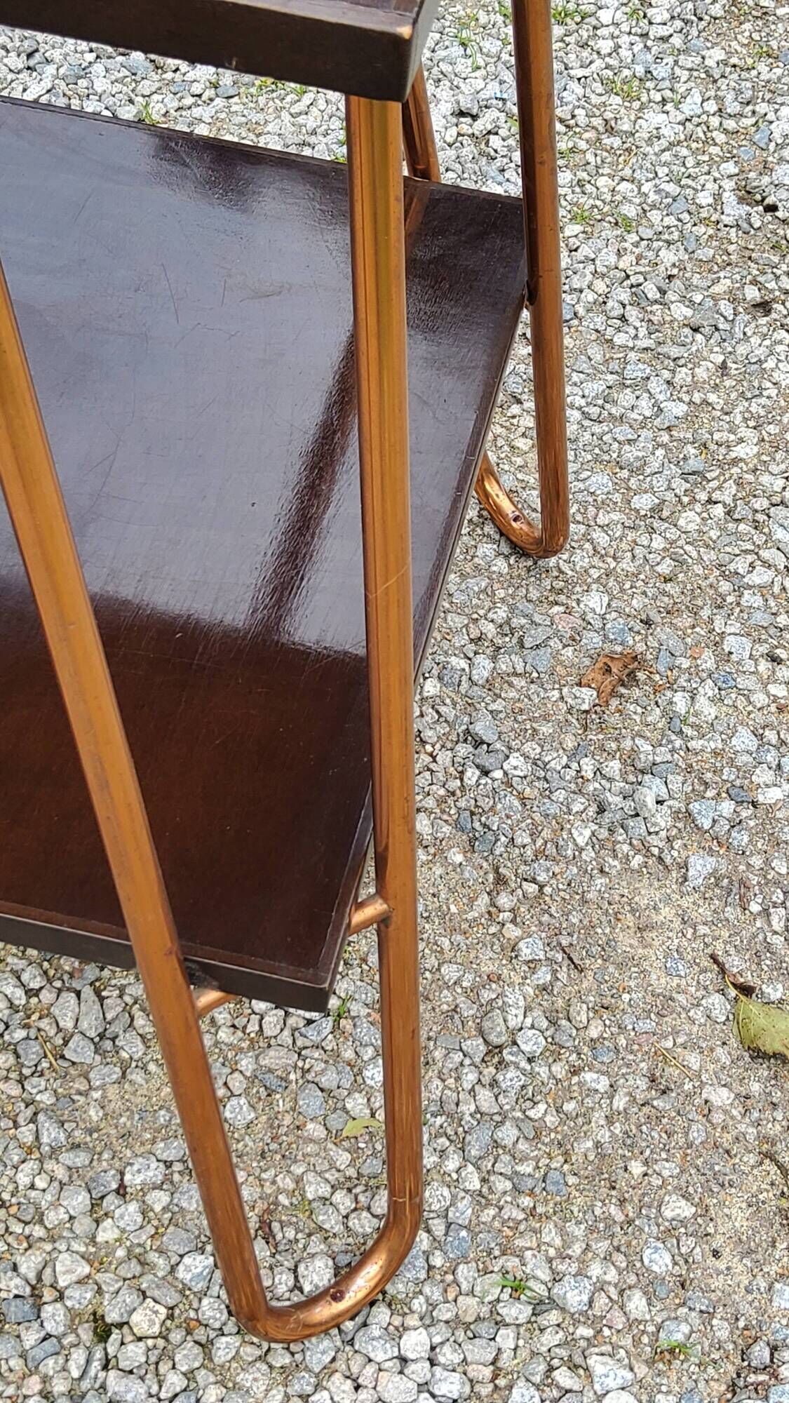 Vintage double wooden side table with copper base from the 50s