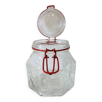 Glass jar with red closure vintage fruit/vegetable patterns