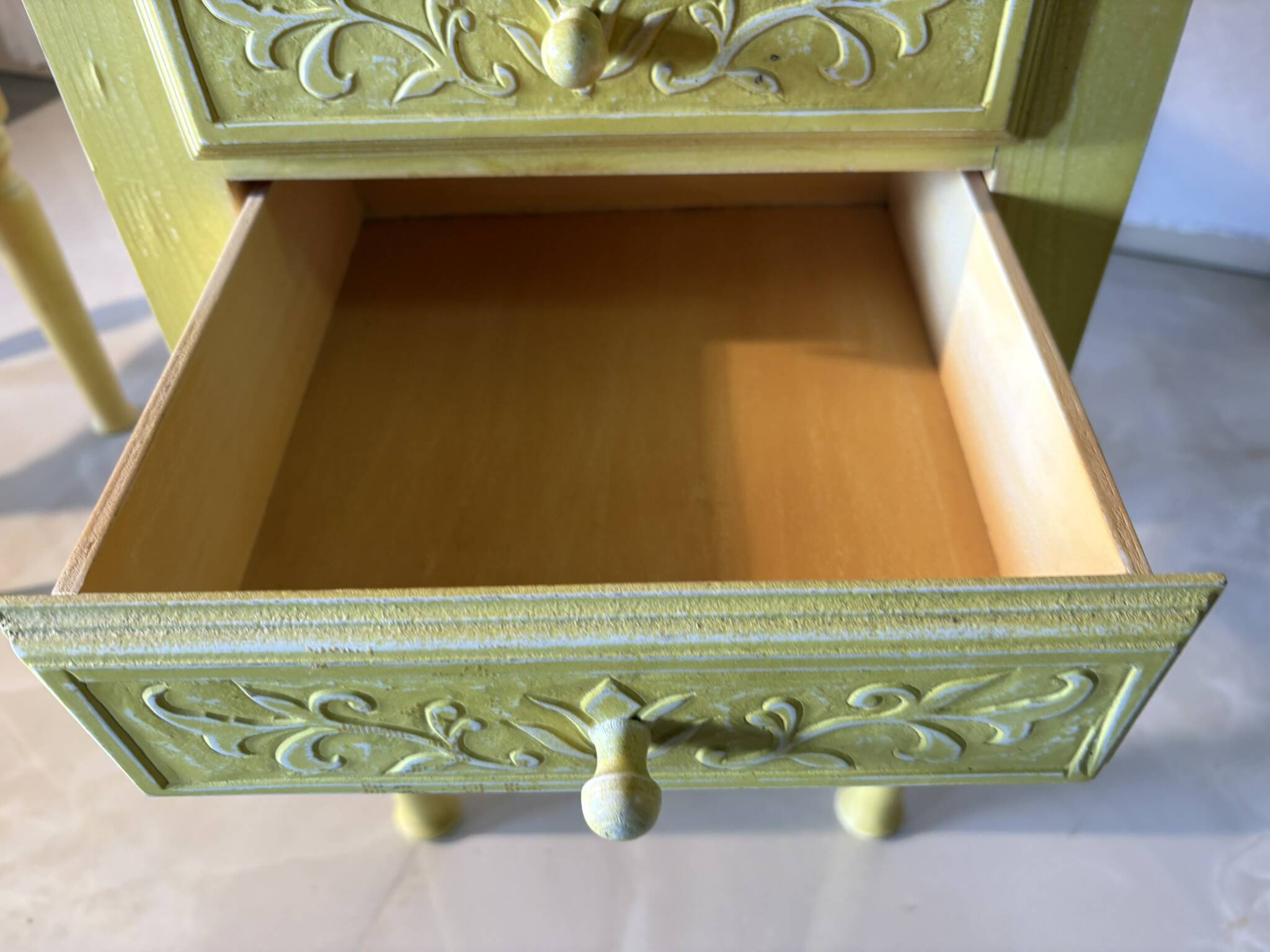 Pair of vintage carved wooden bedside tables – Sunny yellow finish