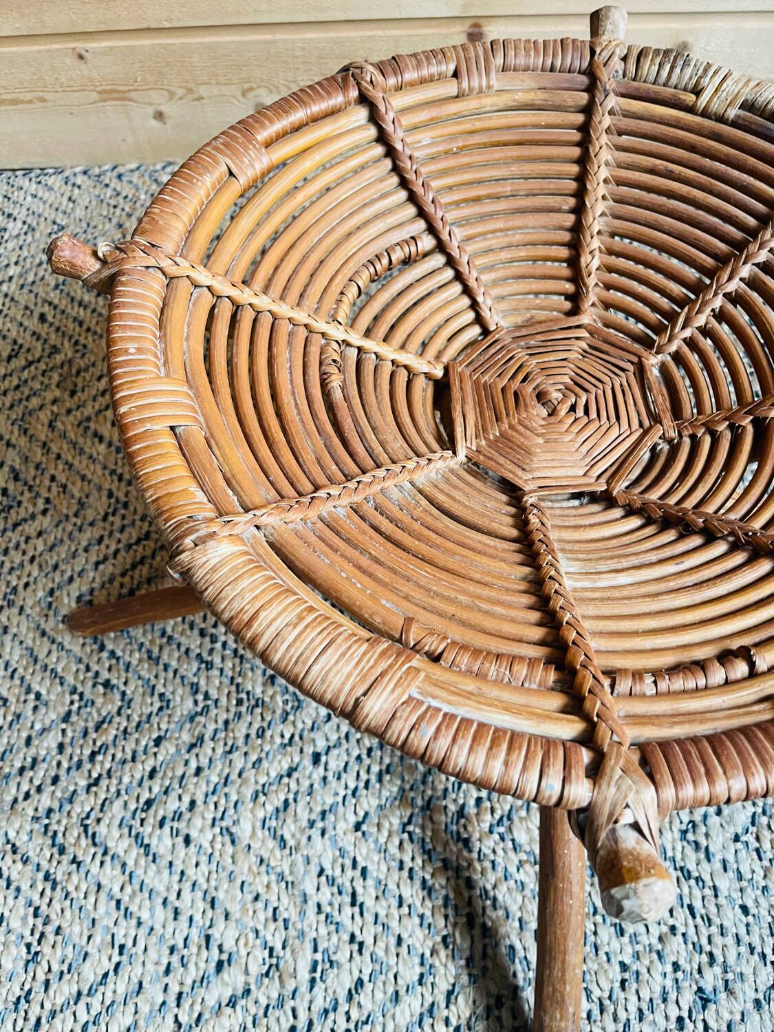 Rattan and wood stool