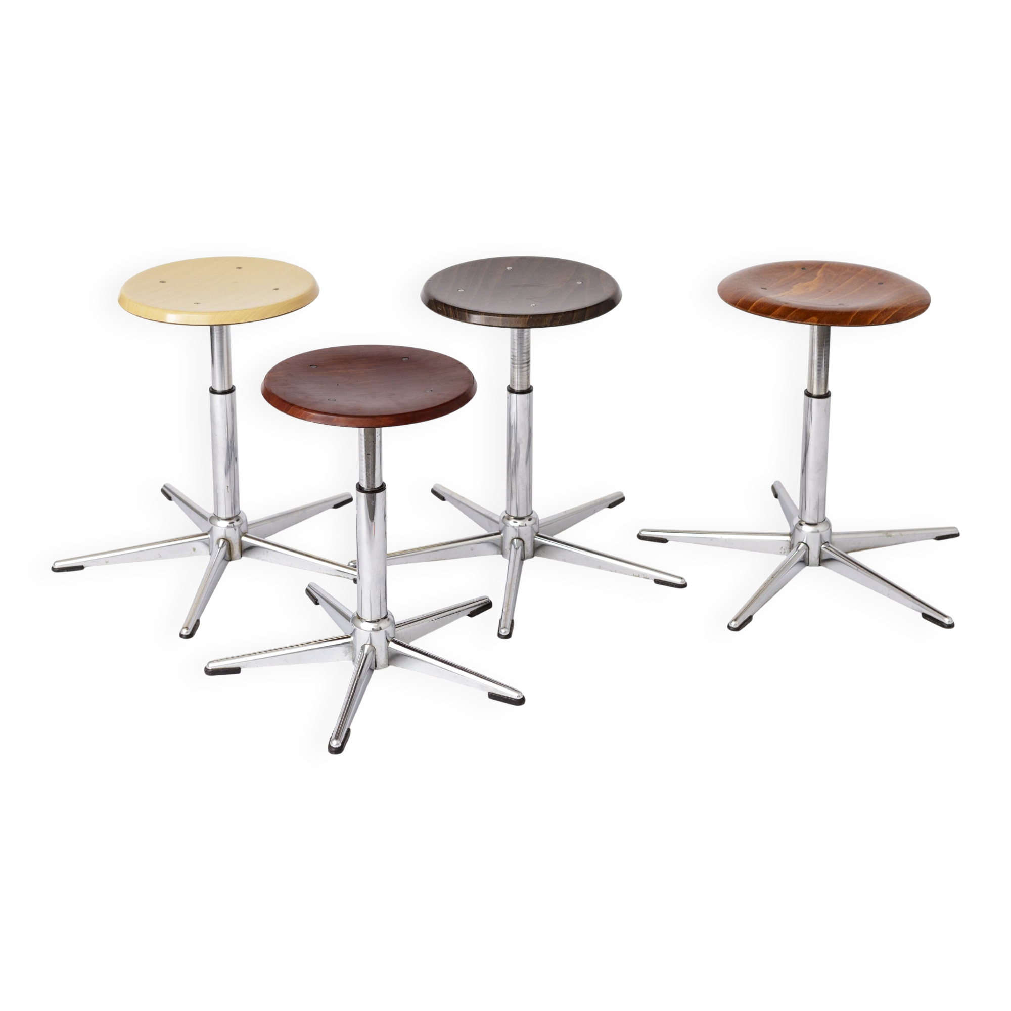Set of 4 Vintage Industrial Stools 1970s, Chrome Adjustable Stools