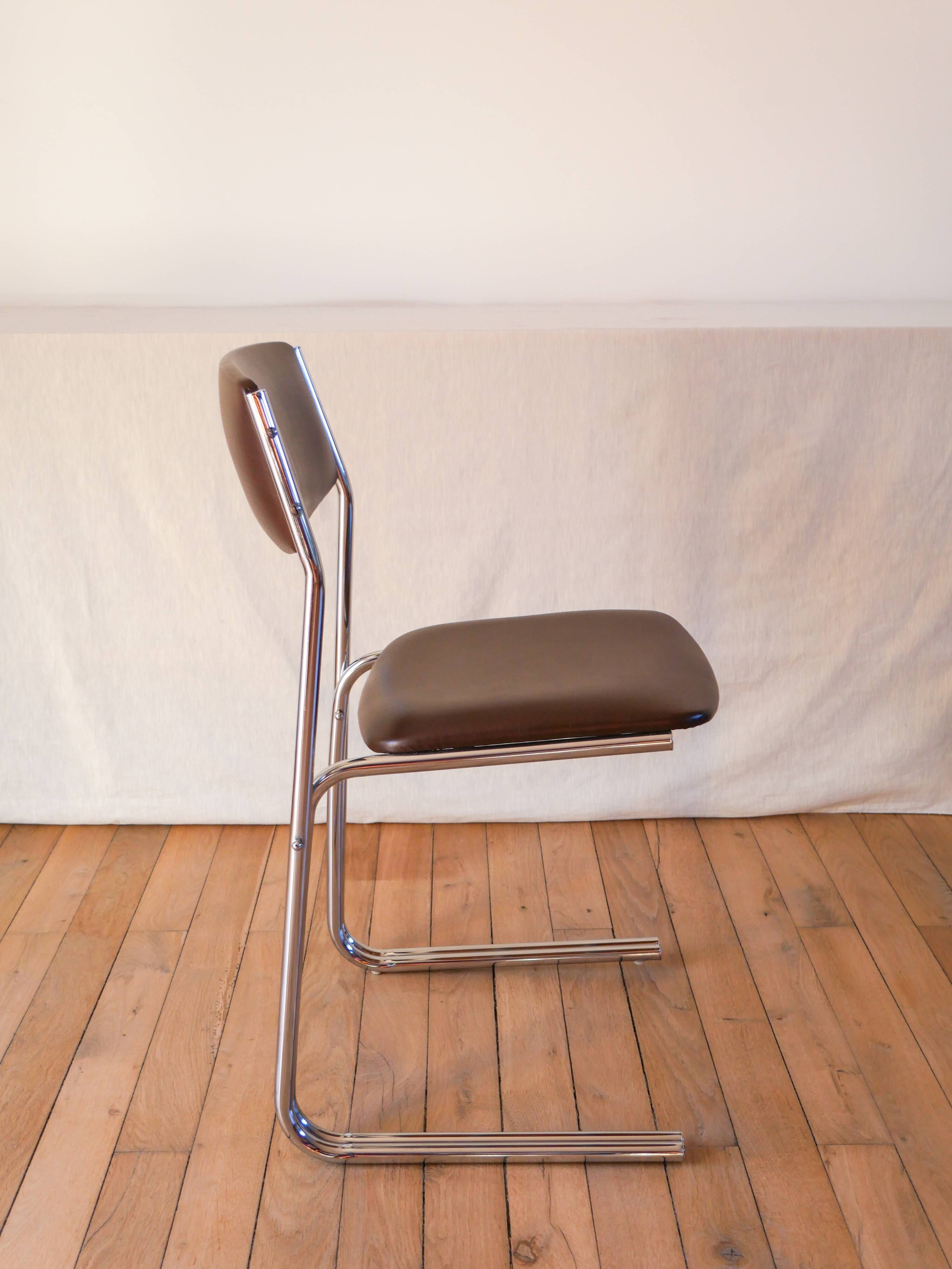 Office chair in brown skai and chrome tubular legs design 1970
