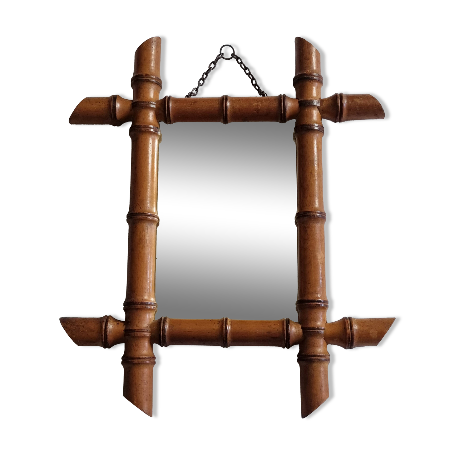 Antique turned wood mirror in bamboo style, late 19th century, 38 x 31 cm