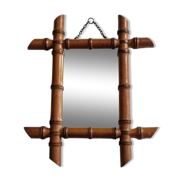 Miroir ancien en bois tourné style bambou, fin XIXe siècle, 38 x 31 cm
