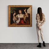 Tableau ancien du XVIIIe siècle, Dame au perroquet