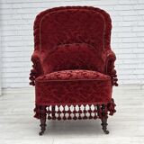 1950s, Danish highback armchair, furniture velour, beech wood legs.