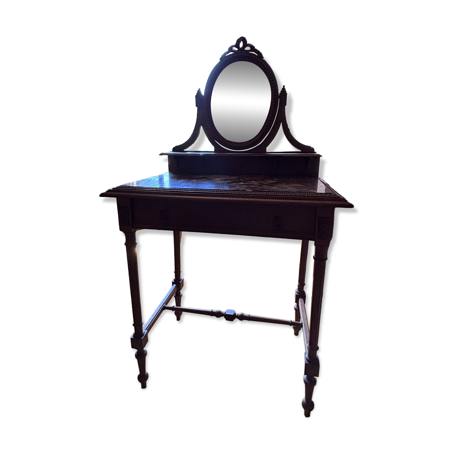 Coiffeuse ancienne en chêne et marbre rouge avec miroir pivotant