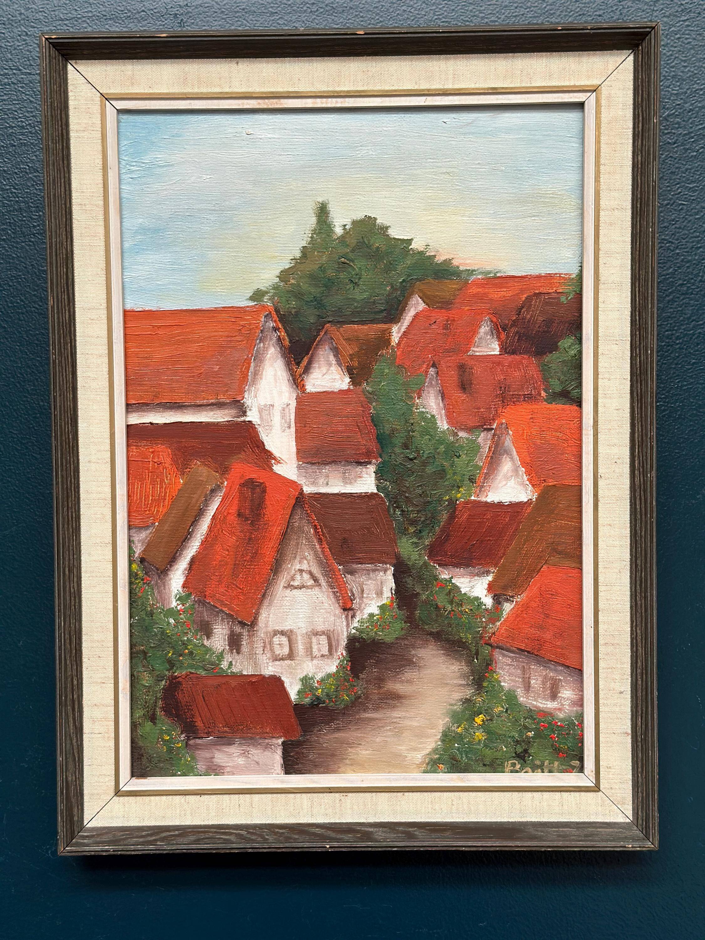 Original Swedish Oil on Canvas – “Village with Red Roofs” – Dated 1973