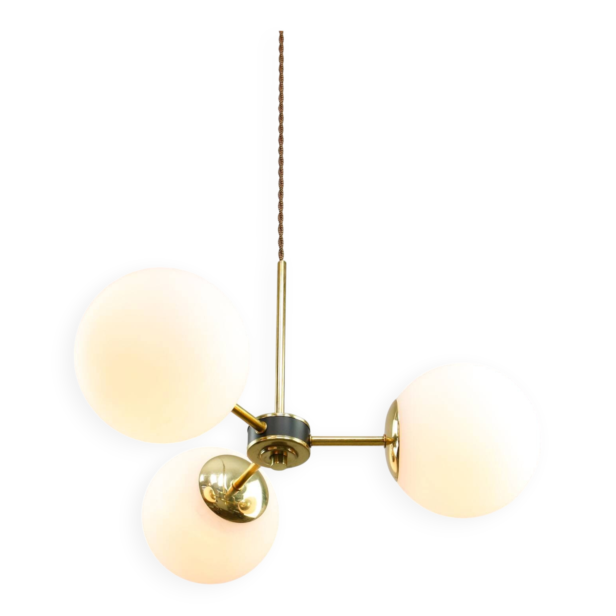 Mid-Century Modern Italian Chandelier in Brass and Opaline Glass, 1960s